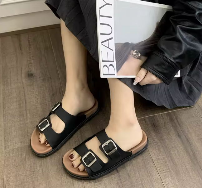 Boken Retro Thick Sole Double Buckle Flip Flops for Women